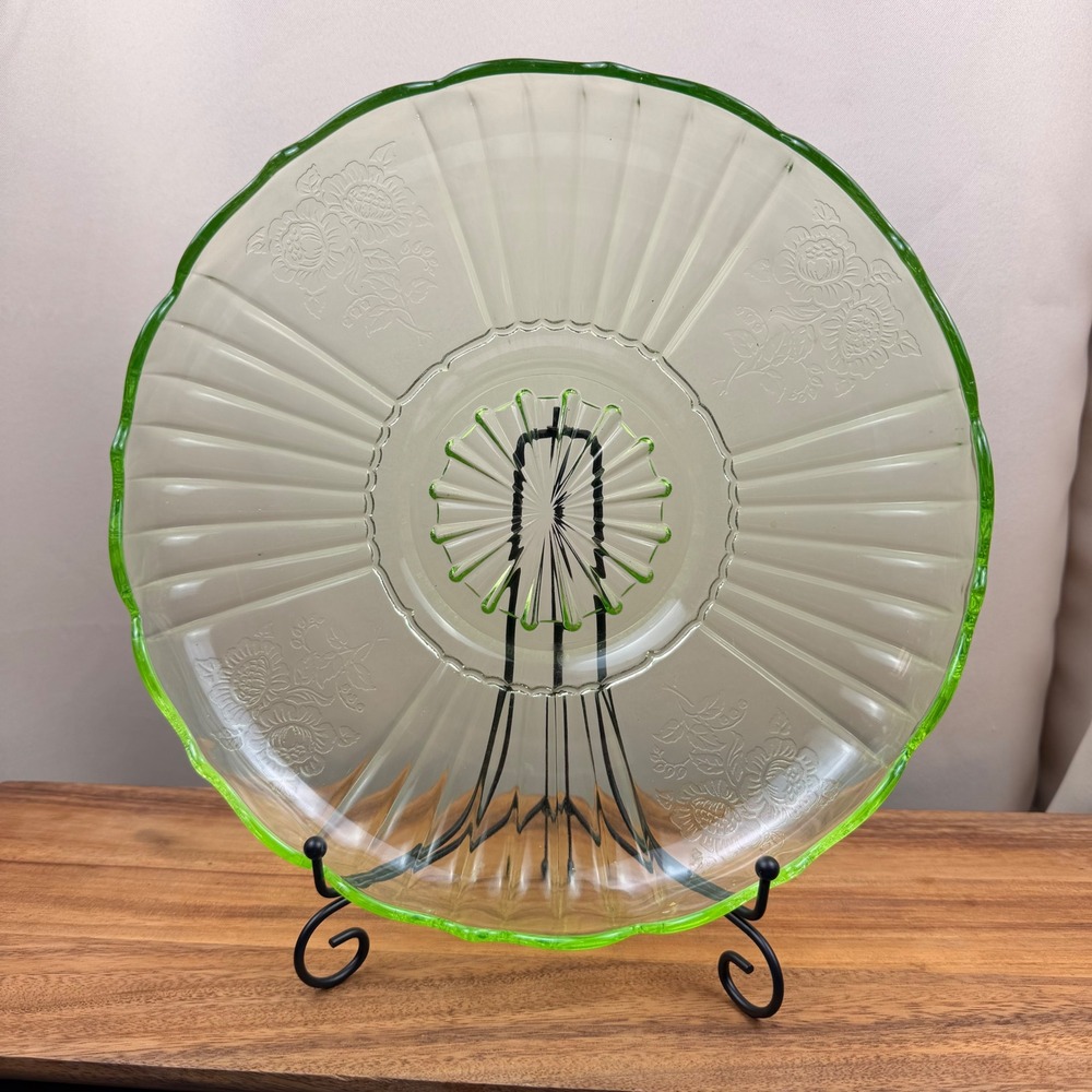Anchor Hocking Mayfair Open Rose Green Uranium Depression Glass Bowl 11.5"